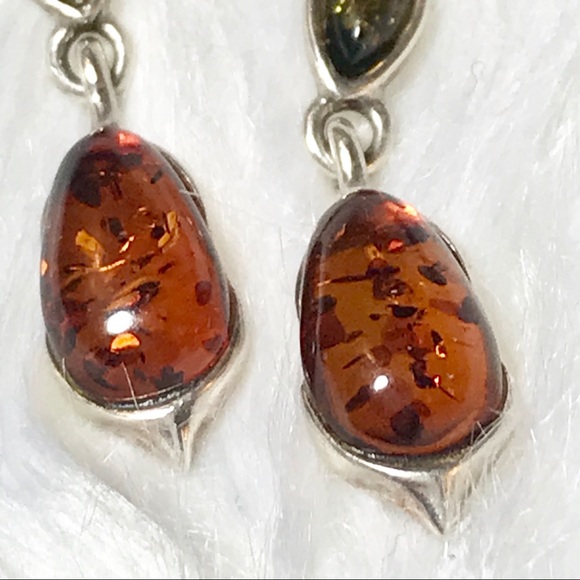 925 Sterling Genuine Mulicolor Green Yellow Honey Baltic Amber Dangle Ea… - Picture 2 of 8